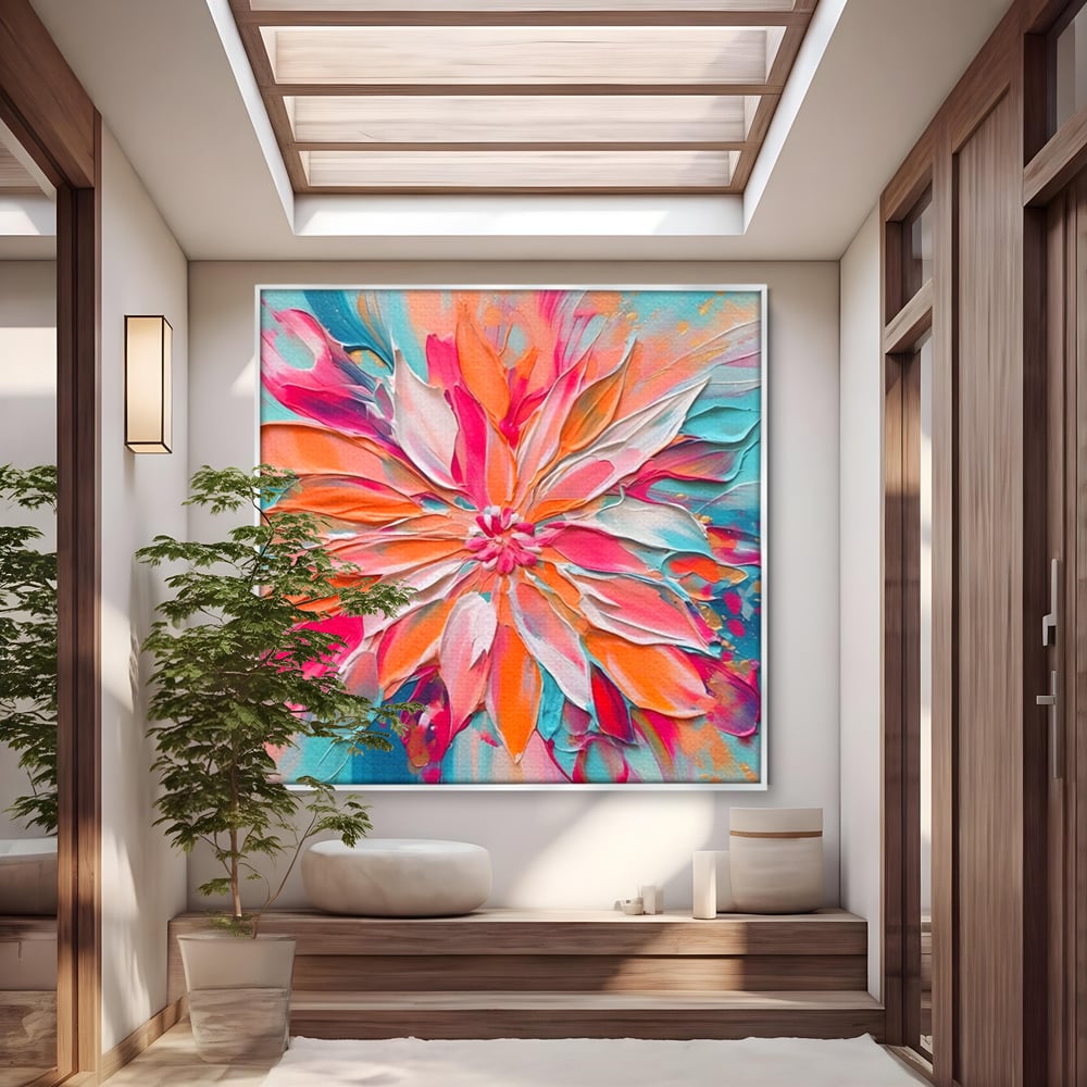 Tablou canvas cu pictura cu floare texturata in relief, in rama de aluminiu argintiu